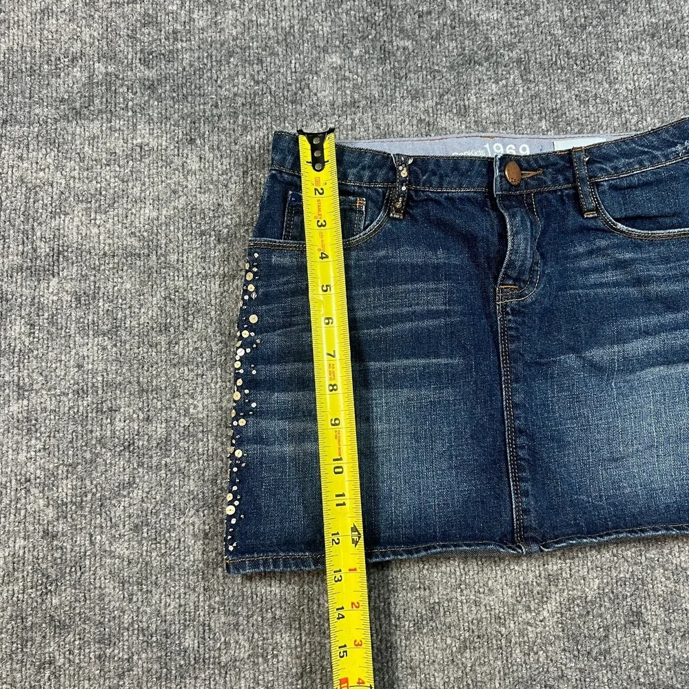 Gap 1969 Mini Skirt Girls 14R Blue Whiskered Denim Cotton Sequins‎ Dark Wash